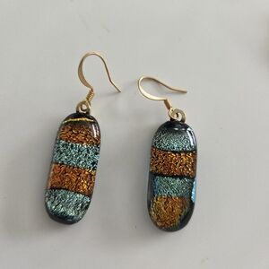 Handcrafted, Glass Gold and Blue Striped Earrings